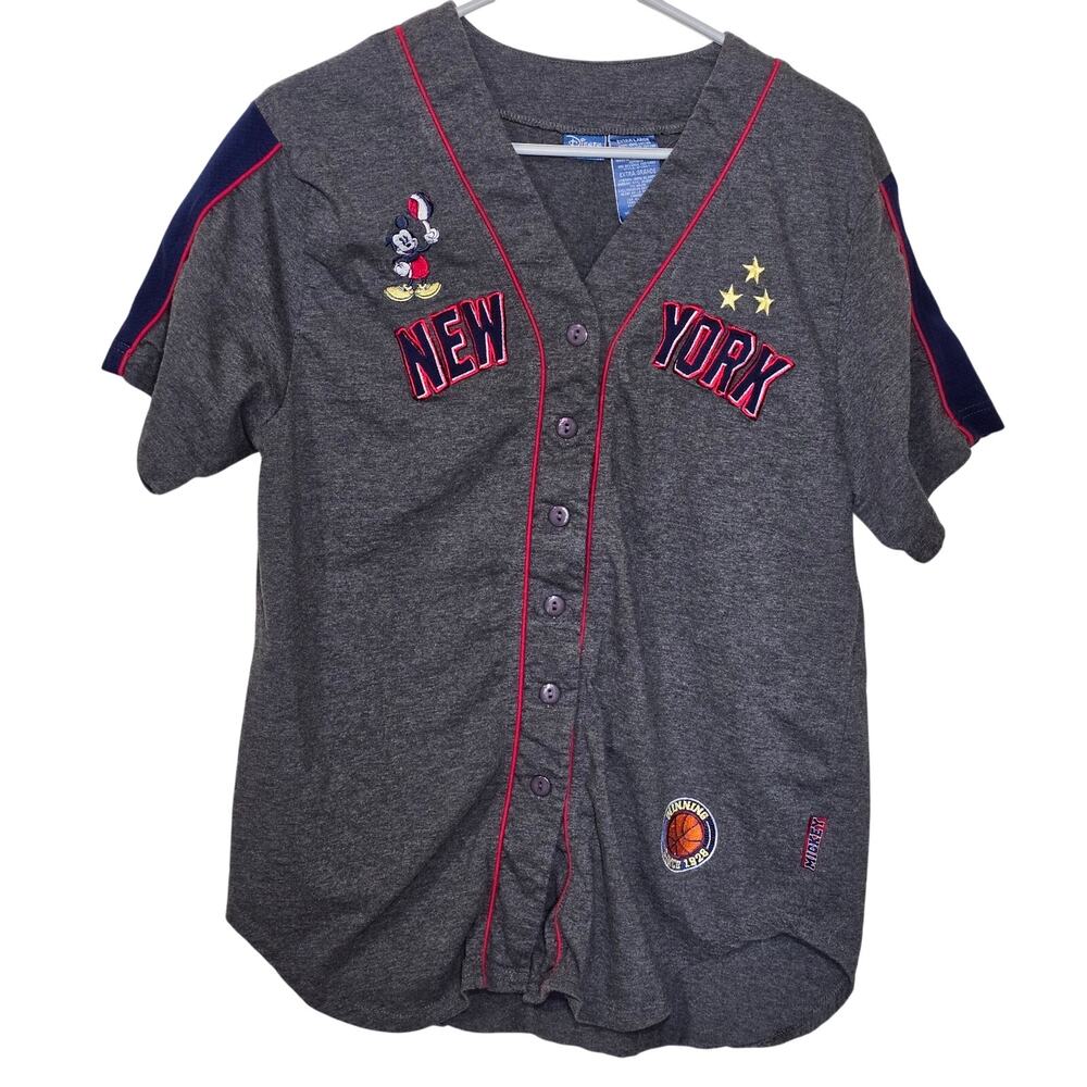 Vintage Mickey Mouse New York Disney Jersey Women’s Size X Large Gray Red Blue